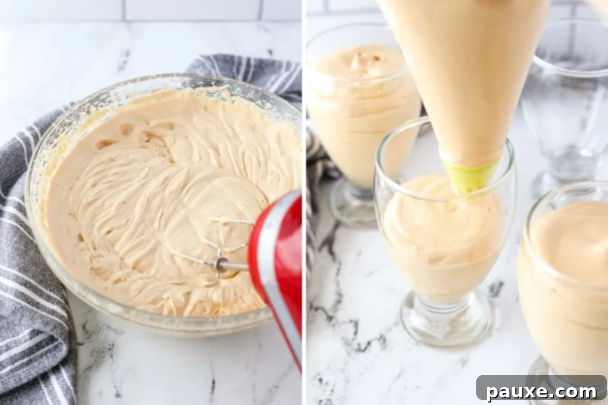 Decadent Dulce De Leche Cloud 5 Delicately piping creamy dulce de leche mousse into individual glass dessert jars, creating an elegant presentation.