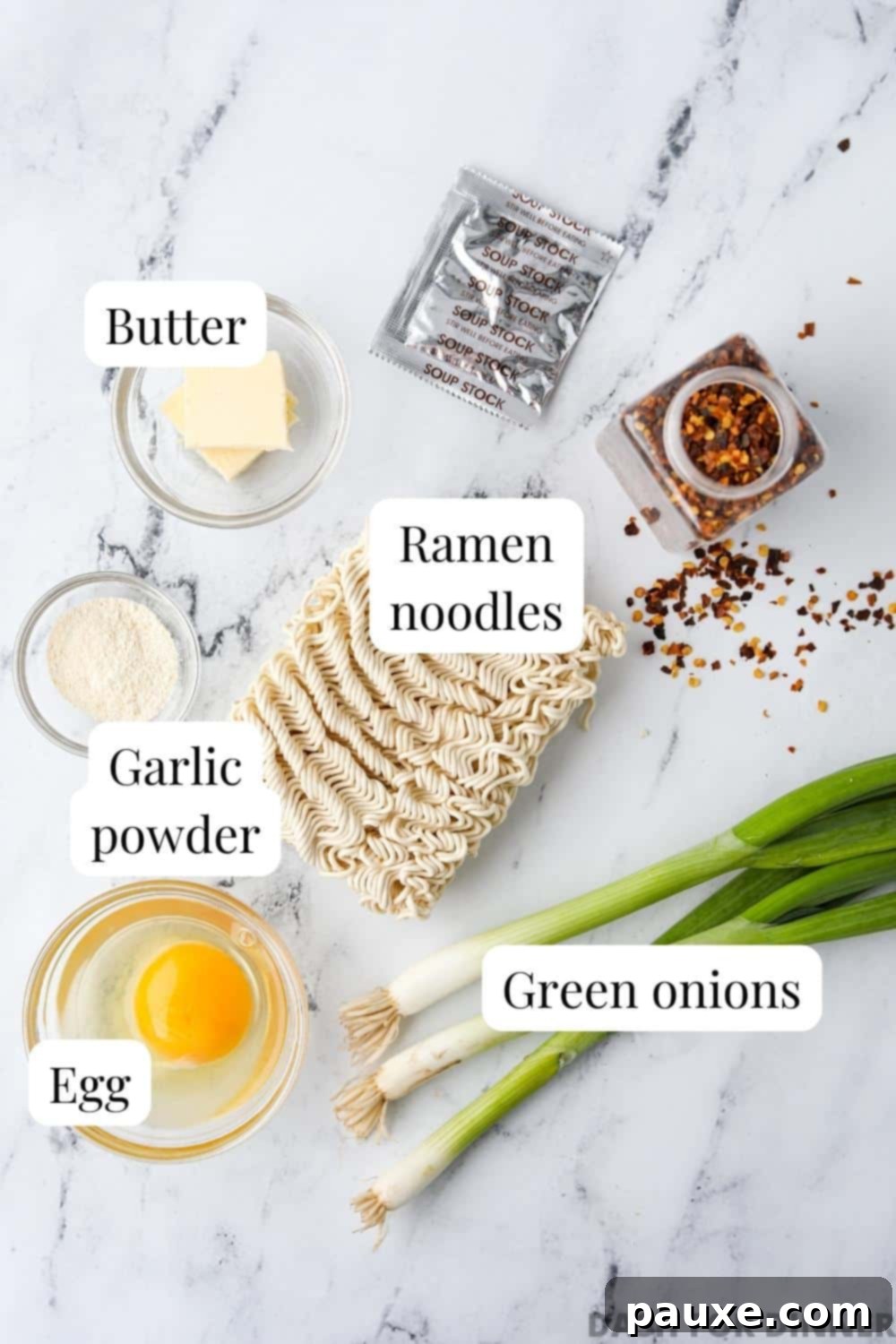 Kylie Jenner's Famous Ramen Hack 3 The core ingredients required for Kylie Jenner's ramen: a fresh egg, a stick of butter, a shaker of garlic powder, and a packet of instant ramen noodles.