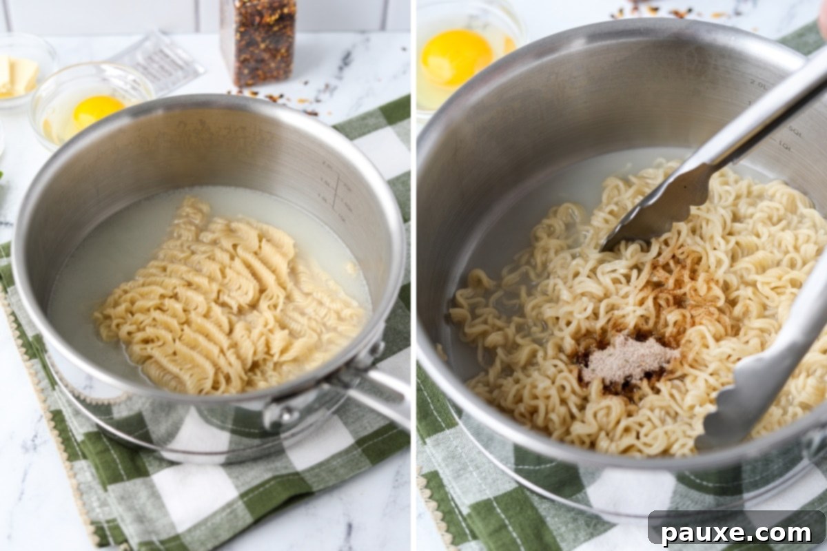Kylie Jenner's Famous Ramen Hack 4 A pot of ramen noodles simmering, with the seasoning packet being added in for flavor.