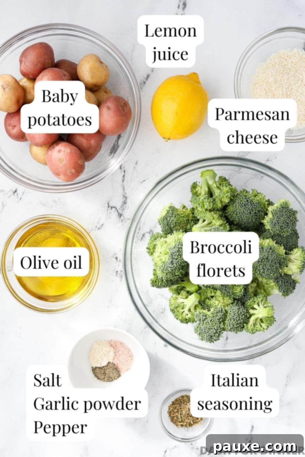Golden Roasted Broccoli and Potatoes 3 The ingredients needed to make broccoli and potatoes: olive oil, seasonings, lemon juice, and parmesan cheese.