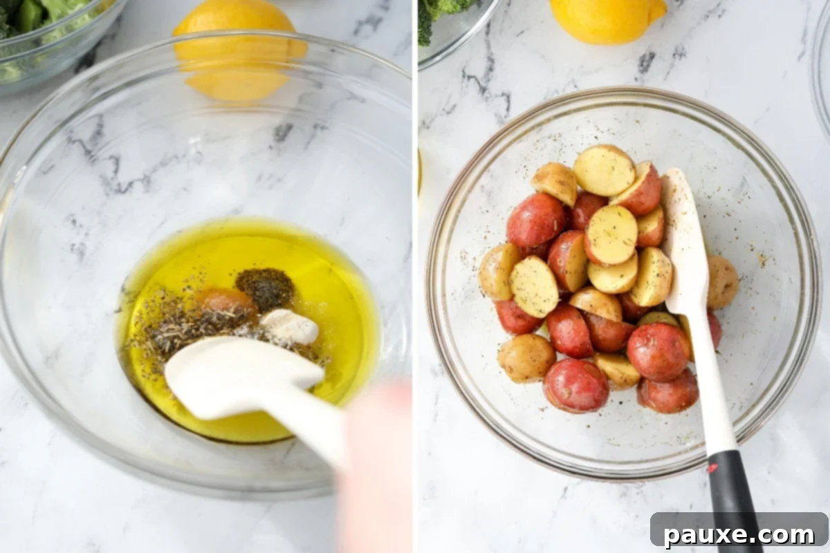 Golden Roasted Broccoli and Potatoes 4 Stirring seasonings into oil, then added halved baby potatoes.