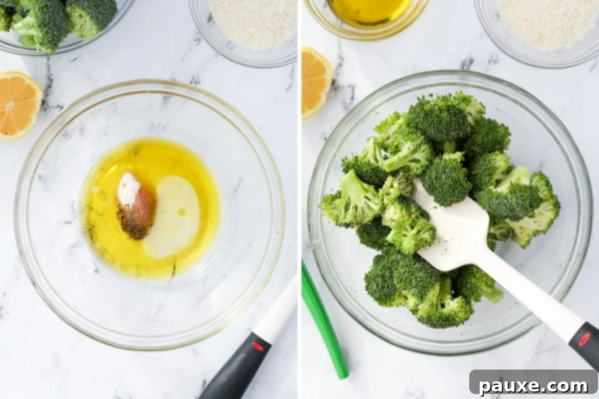 Golden Roasted Broccoli and Potatoes 6 Adding seasoning to oil, then tossing with broccoli.