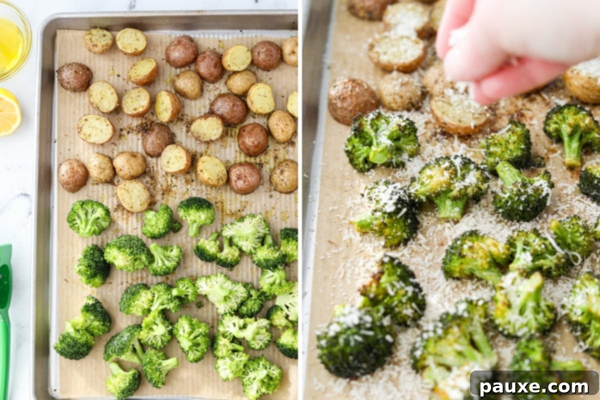 Golden Roasted Broccoli and Potatoes 7 Adding potatoes and broccoli to a sheet pan, then tossing with parmesan cheese.