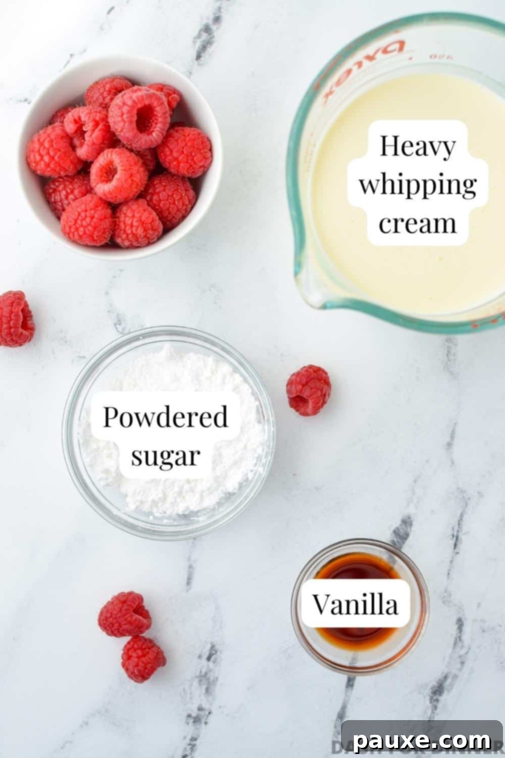 The ingredients needed to make whipped cream: heavy cream, powdered sugar, and vanilla.