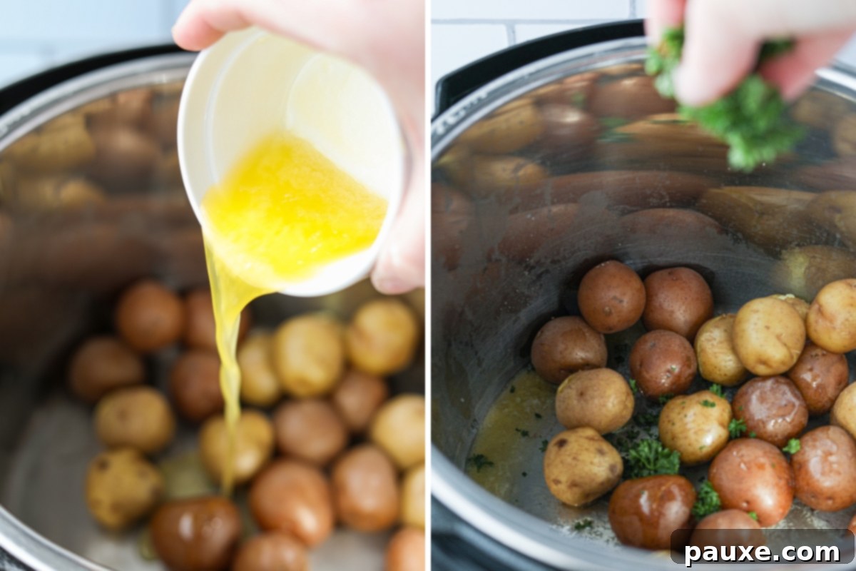Perfect Instant Pot Baby Potatoes 5 Melted butter and fresh parsley being added to a bowl of freshly steamed baby potatoes, ready to be tossed and served.