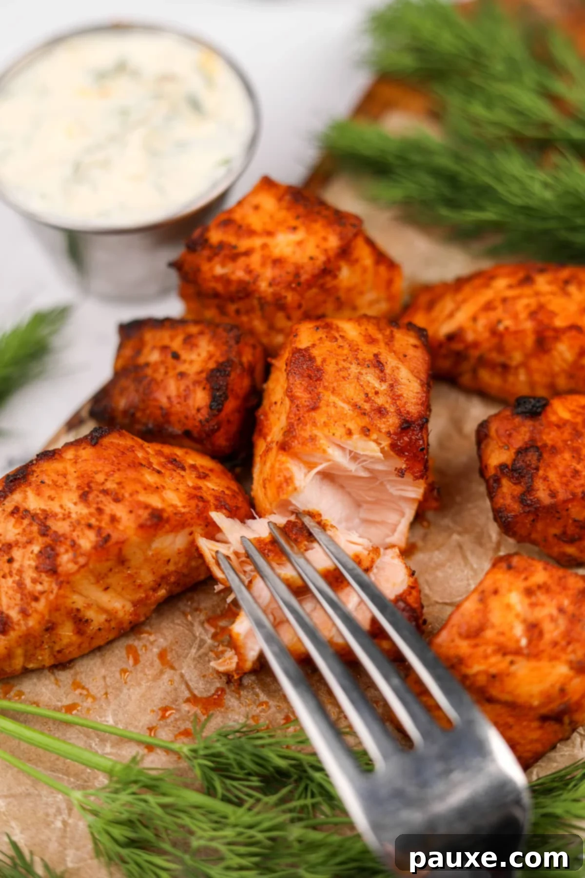 Air-Fried Salmon Nuggets 11 A fork flaking a piece of cooked salmon, showing its tender, moist interior.