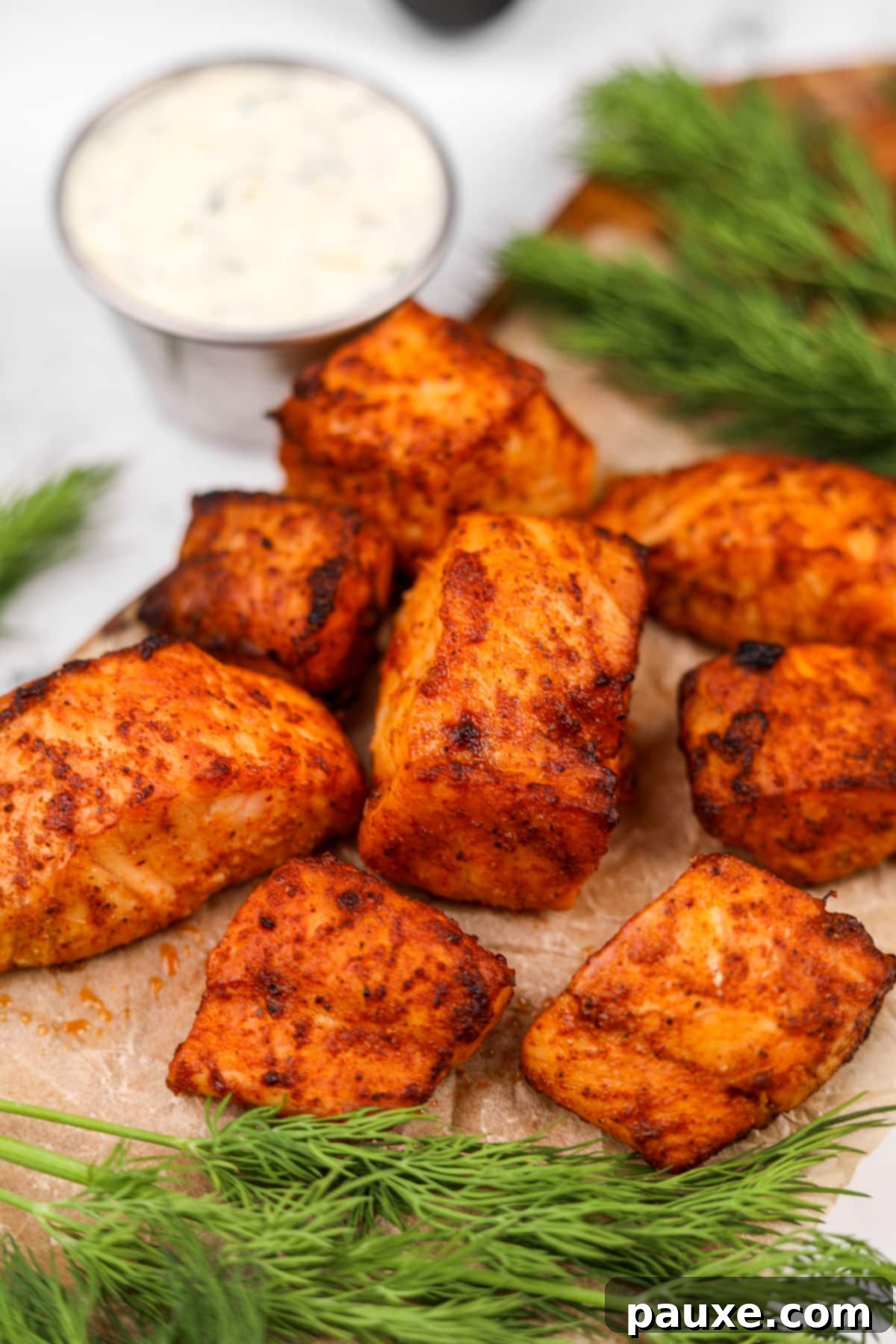 Air-Fried Salmon Nuggets 8 Air fried salmon bites presented beautifully with a bowl of creamy dill sauce in the background.