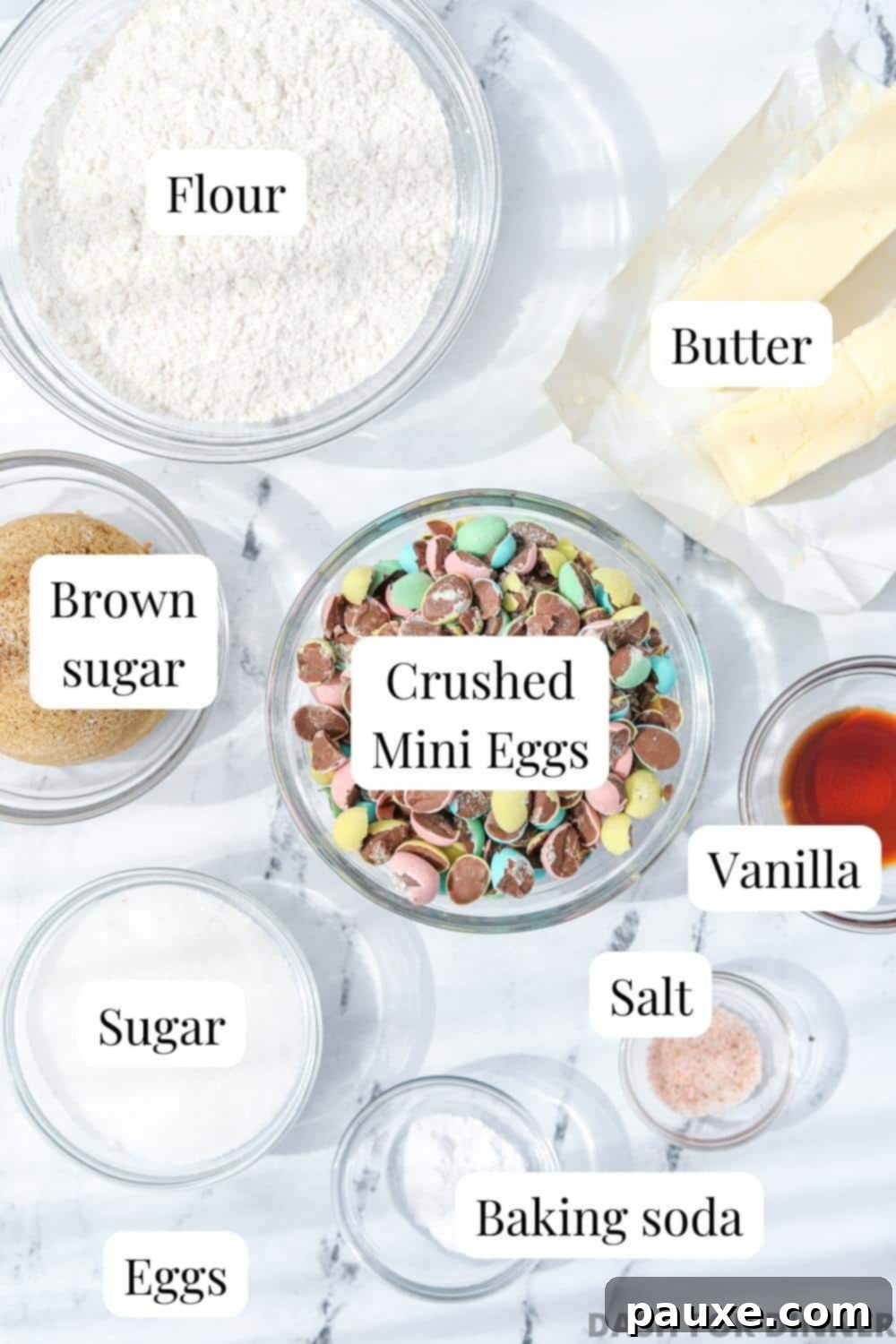 Speckled Spring Cookies 3 The essential ingredients for baking Easter egg Cookies: Flour, butter, brown sugar, white sugar, and Cadbury Mini Eggs.