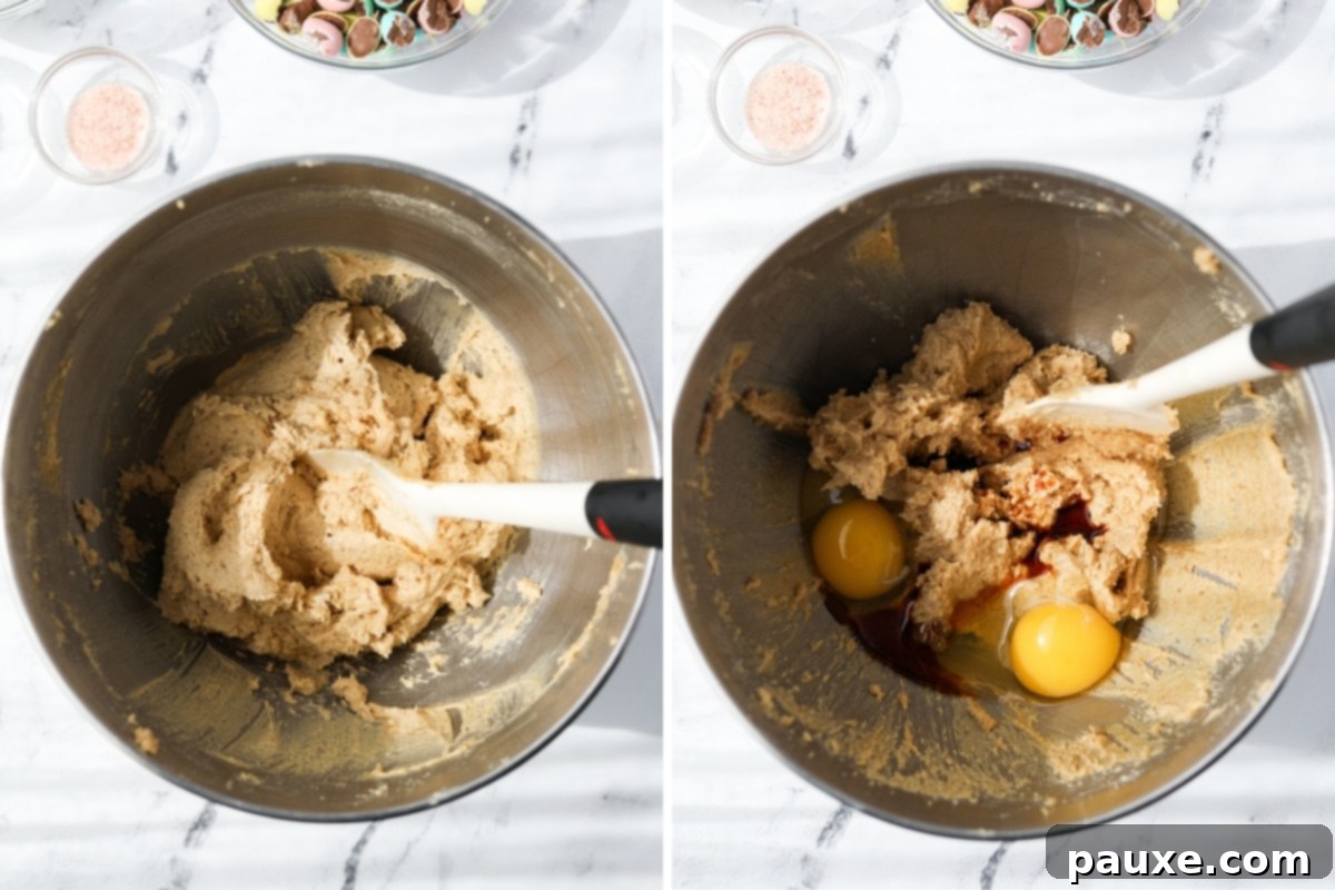 Speckled Spring Cookies 6 A stand mixer bowl containing creamy cookie dough, with eggs and vanilla extract added.