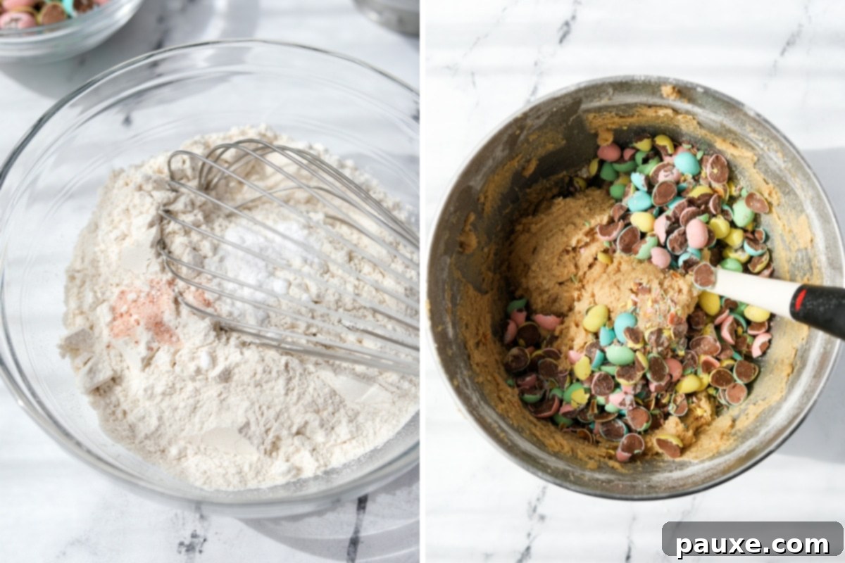 Speckled Spring Cookies 7 Crushed Cadbury Mini Eggs being folded into the prepared cookie dough base.