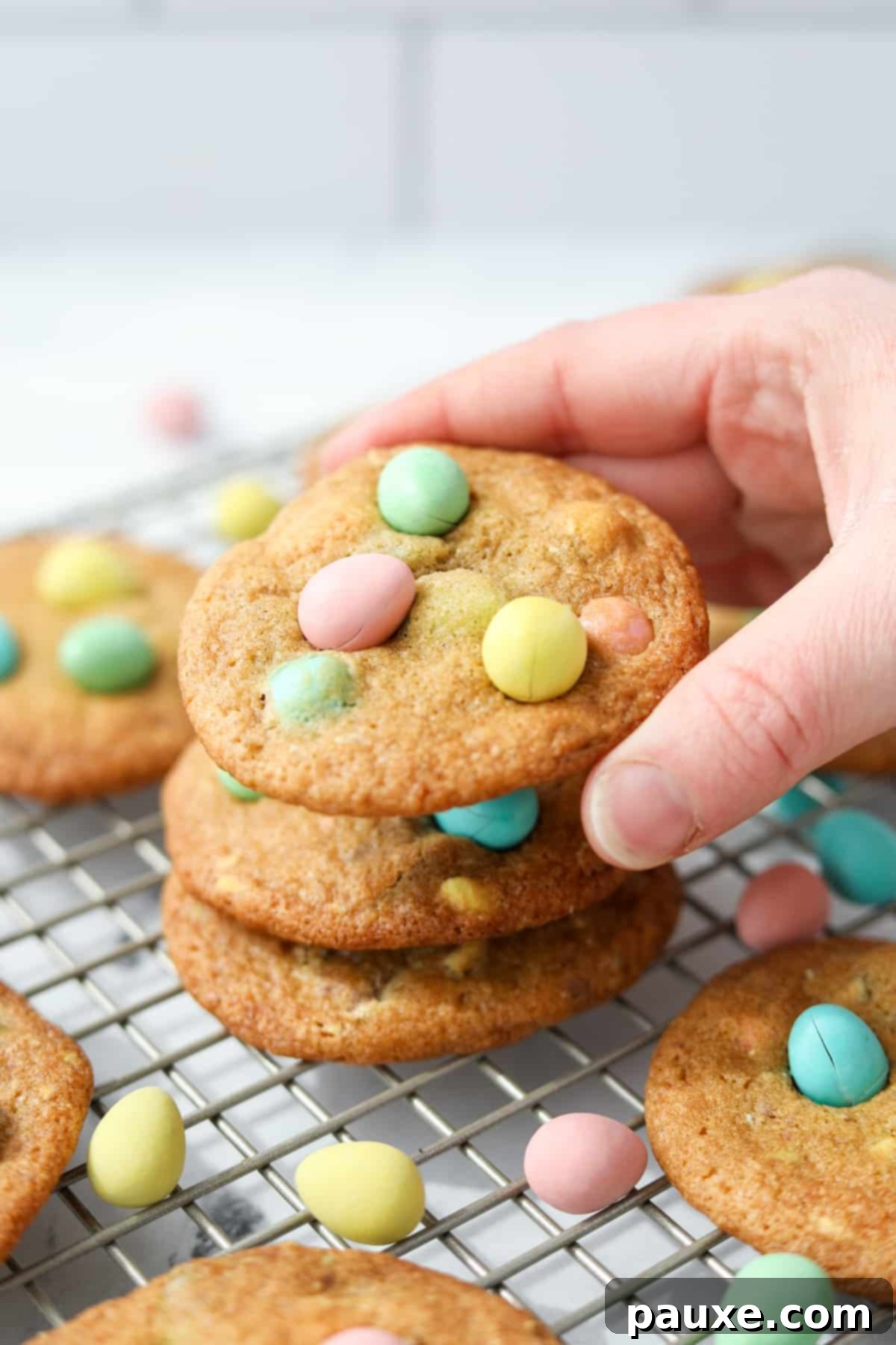 Speckled Spring Cookies 10 Stacking soft and chewy Cadbury Mini Egg Cookies, each perfectly adorned.