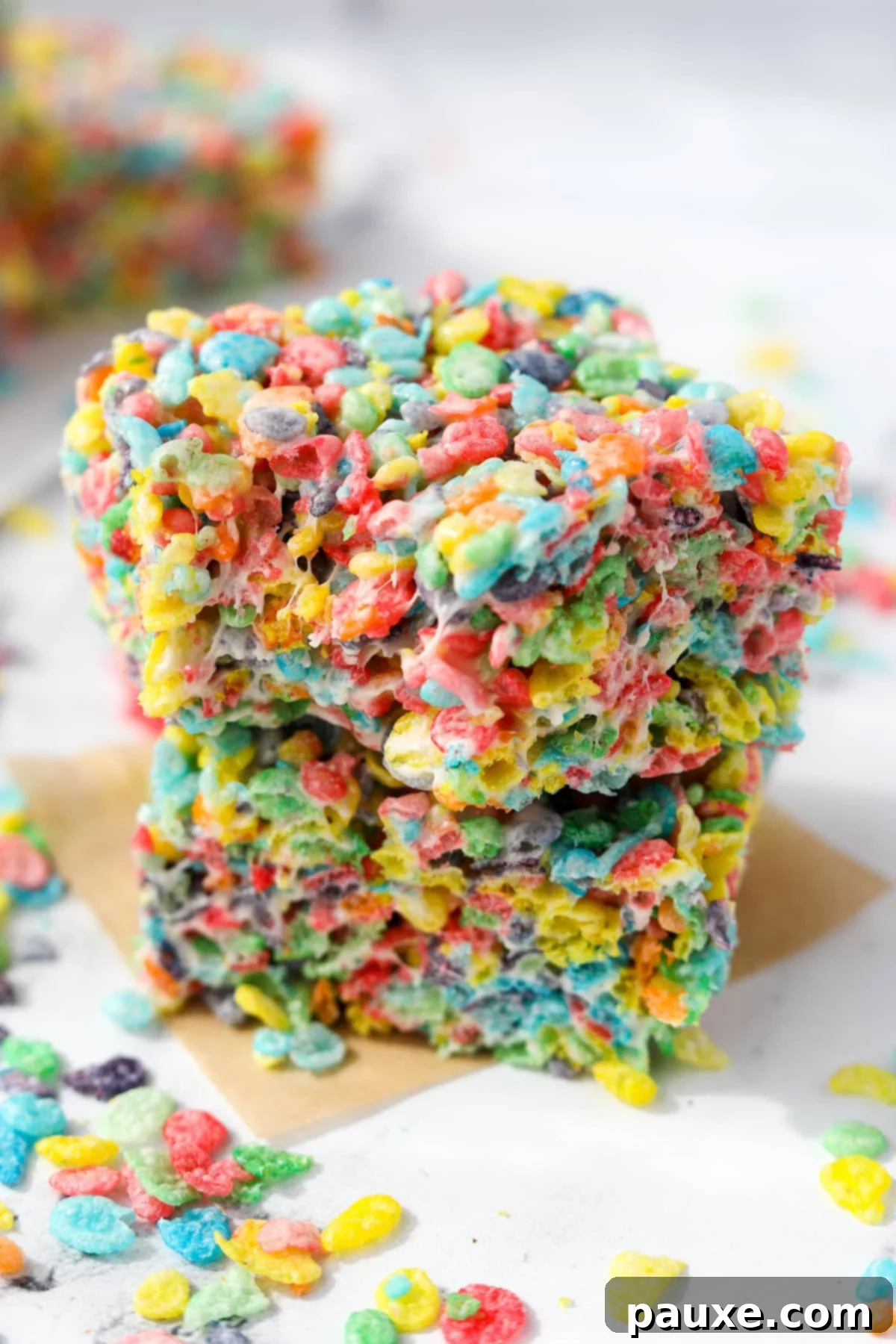Colorful Pebbles Bars 2 Two squares of Fruity Pebbles cereal treats stacked together, showcasing their colorful appearance and gooey texture.