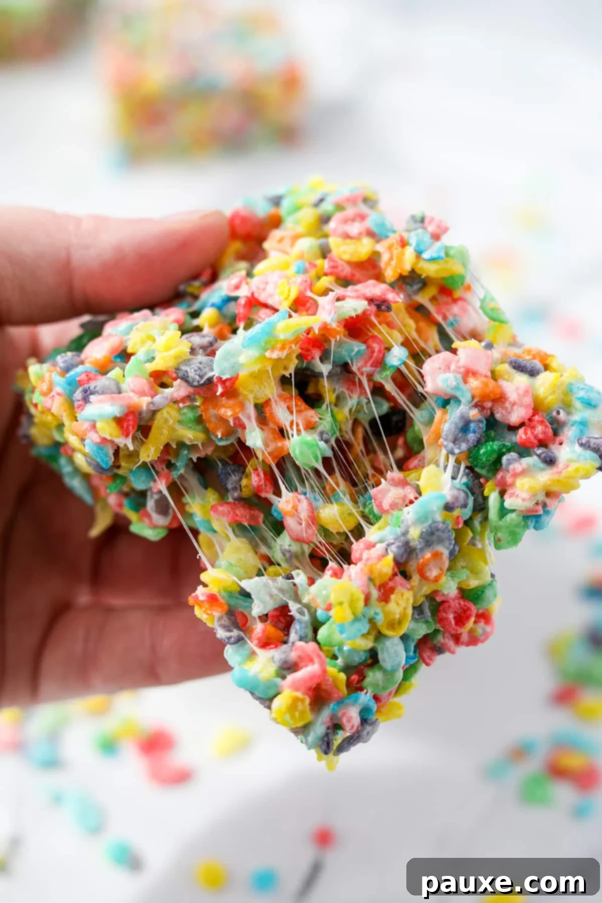 Colorful Pebbles Bars 10 A Fruity Pebbles cereal treat being gently pulled apart, revealing the incredibly gooey and stretchy marshmallow interior.