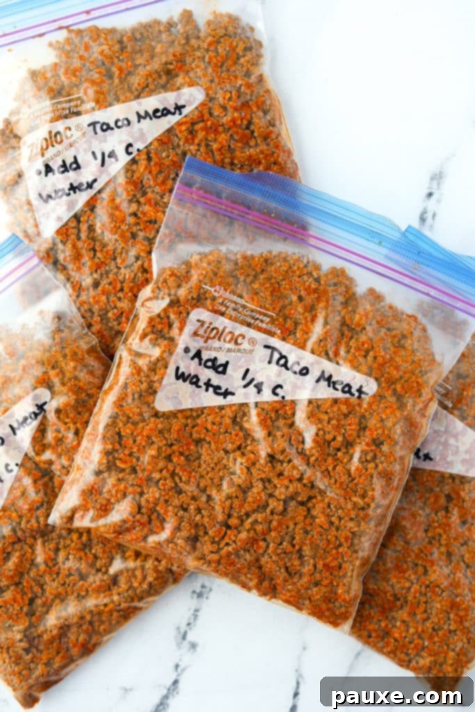 A stack of labeled freezer bags, each filled with a flattened portion of taco meat.