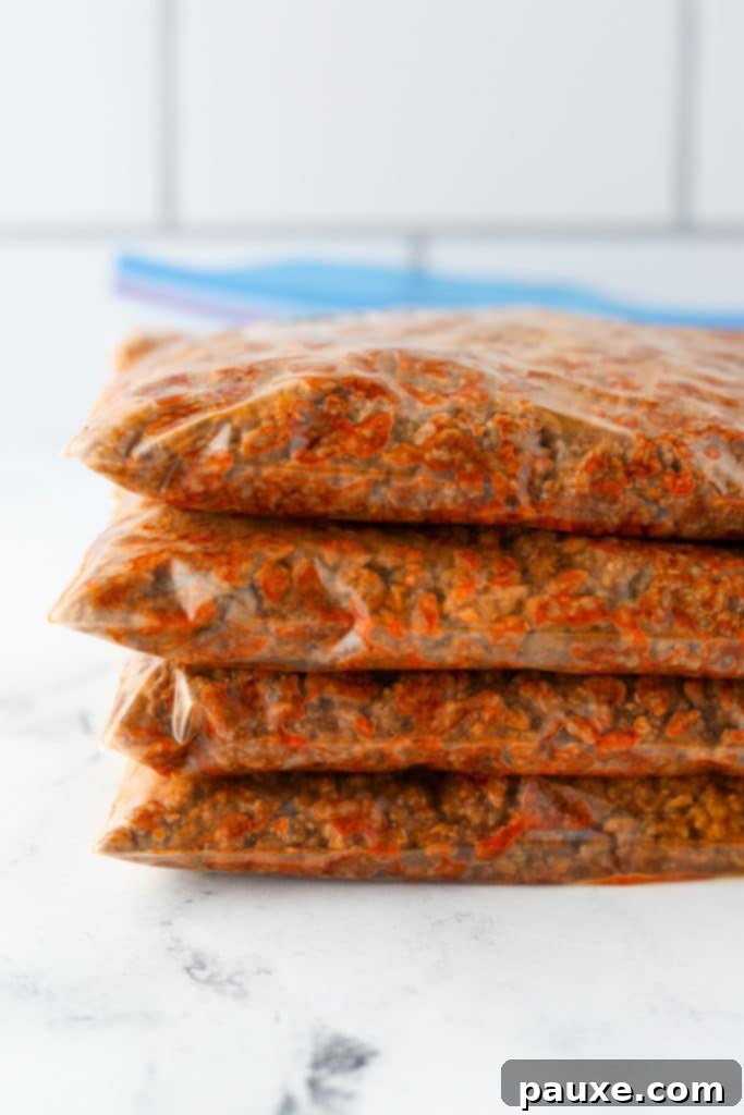 A close-up of a flattened freezer bag filled with seasoned ground beef, showcasing efficient freezer storage.