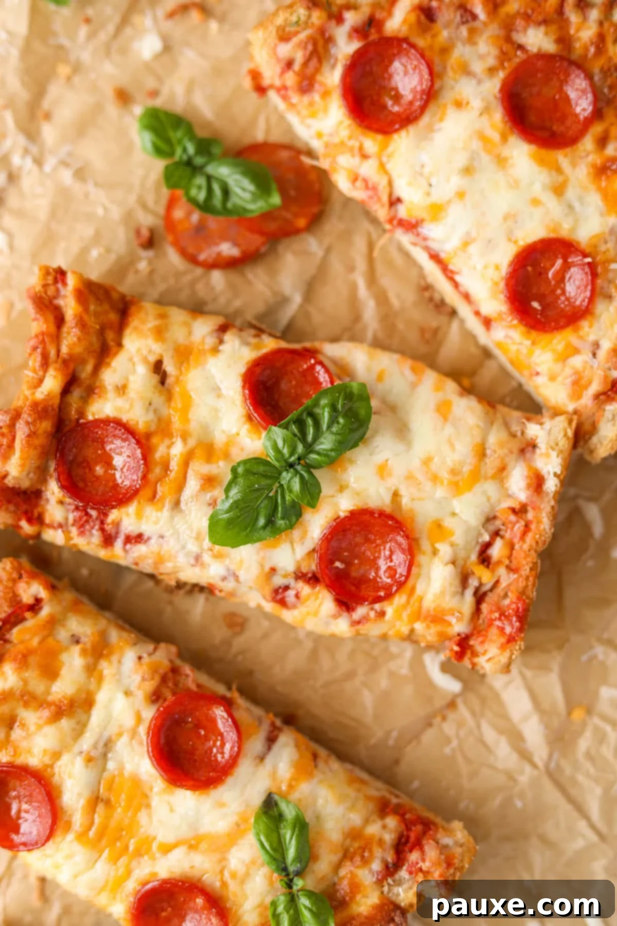 Speedy French Bread Pizzas 2 Slices of rectangular pizza, topped with pepperoni slices.