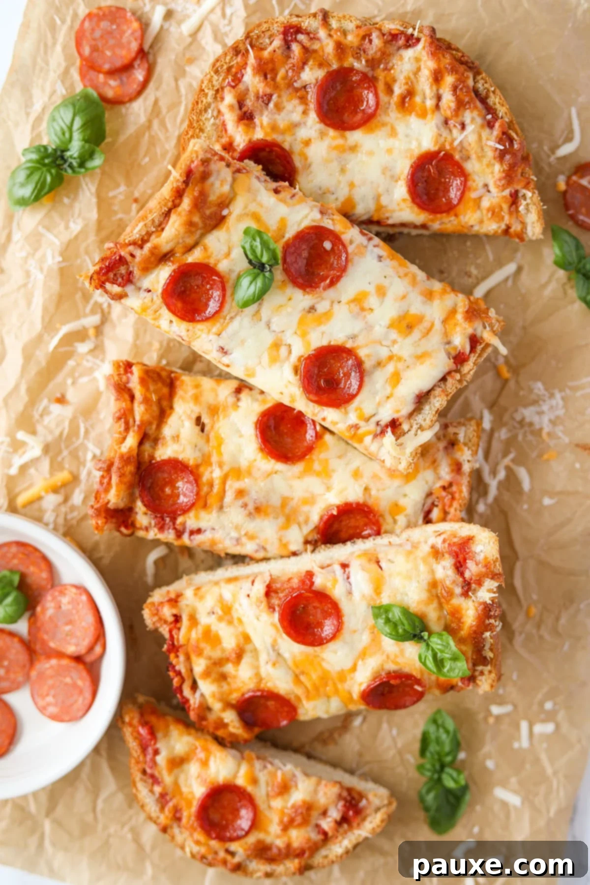 Speedy French Bread Pizzas 11 Rectangular slices of pizza piled up on parchment paper.