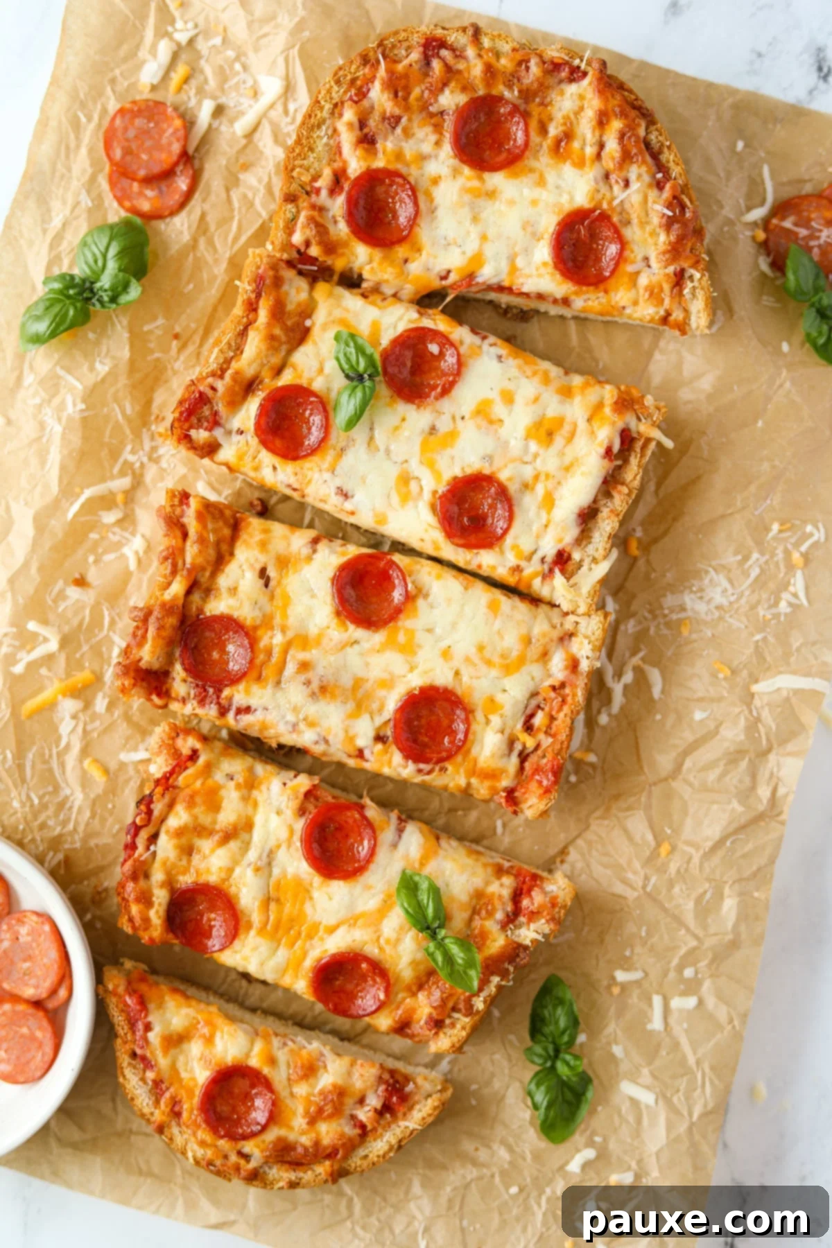 Speedy French Bread Pizzas 12 Half of a loaf of French bread pizza on a sheet of parchment paper.