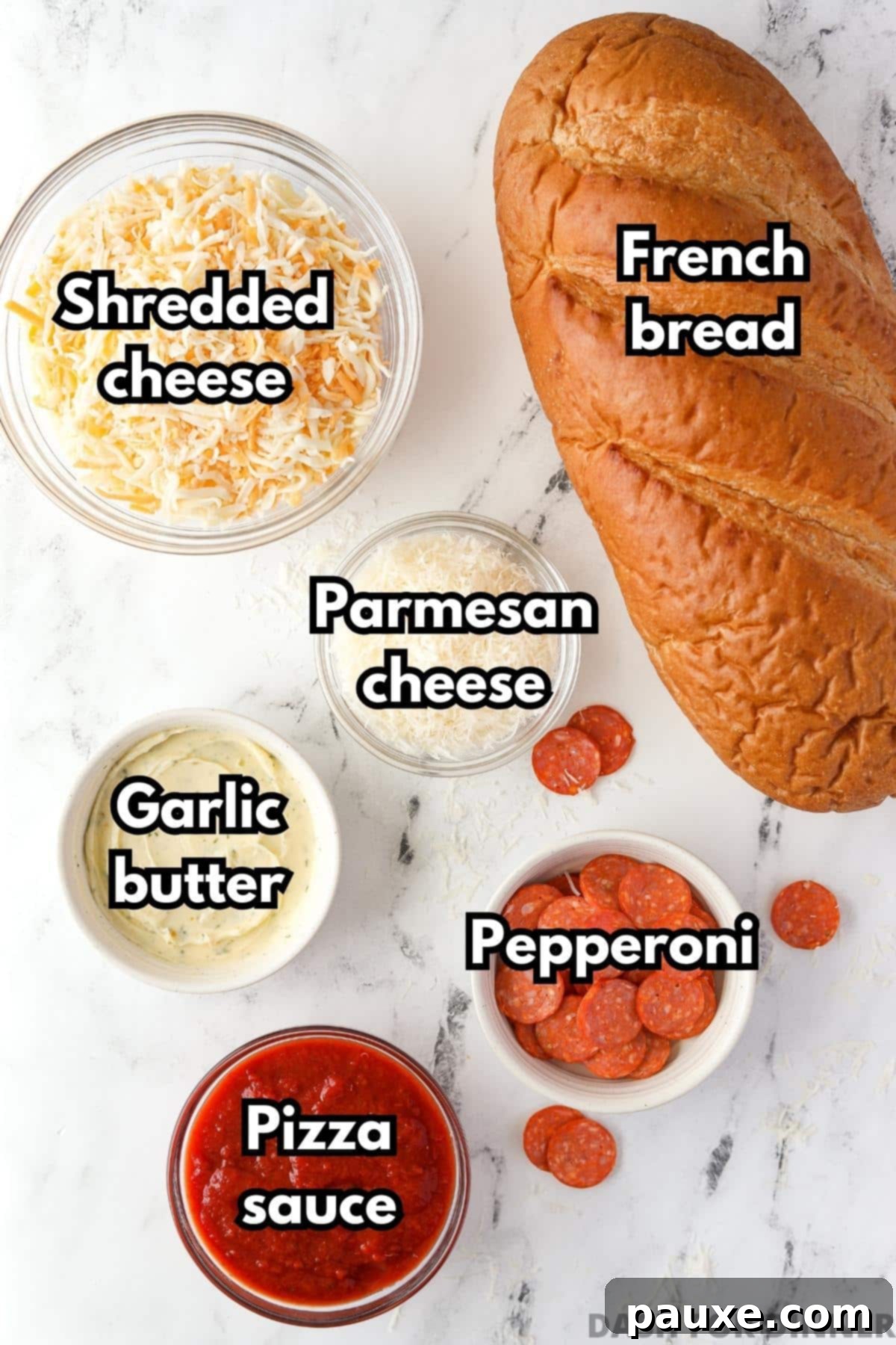 Speedy French Bread Pizzas 3 The ingredients needed to make French bread pizza: pizza sauce, shredded cheese, pepperoni, garlic butter, and French bread.