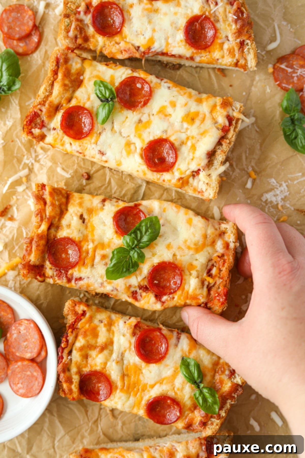Speedy French Bread Pizzas 10 A hand taking a slice of French Bread pizza.