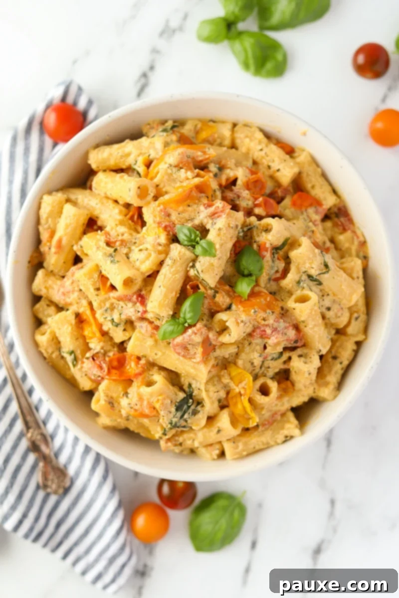 Creamy Boursin Pasta Bake 2 A beautifully plated bowl of creamy Boursin pasta garnished with fresh basil, ready to be served for an easy weeknight dinner.