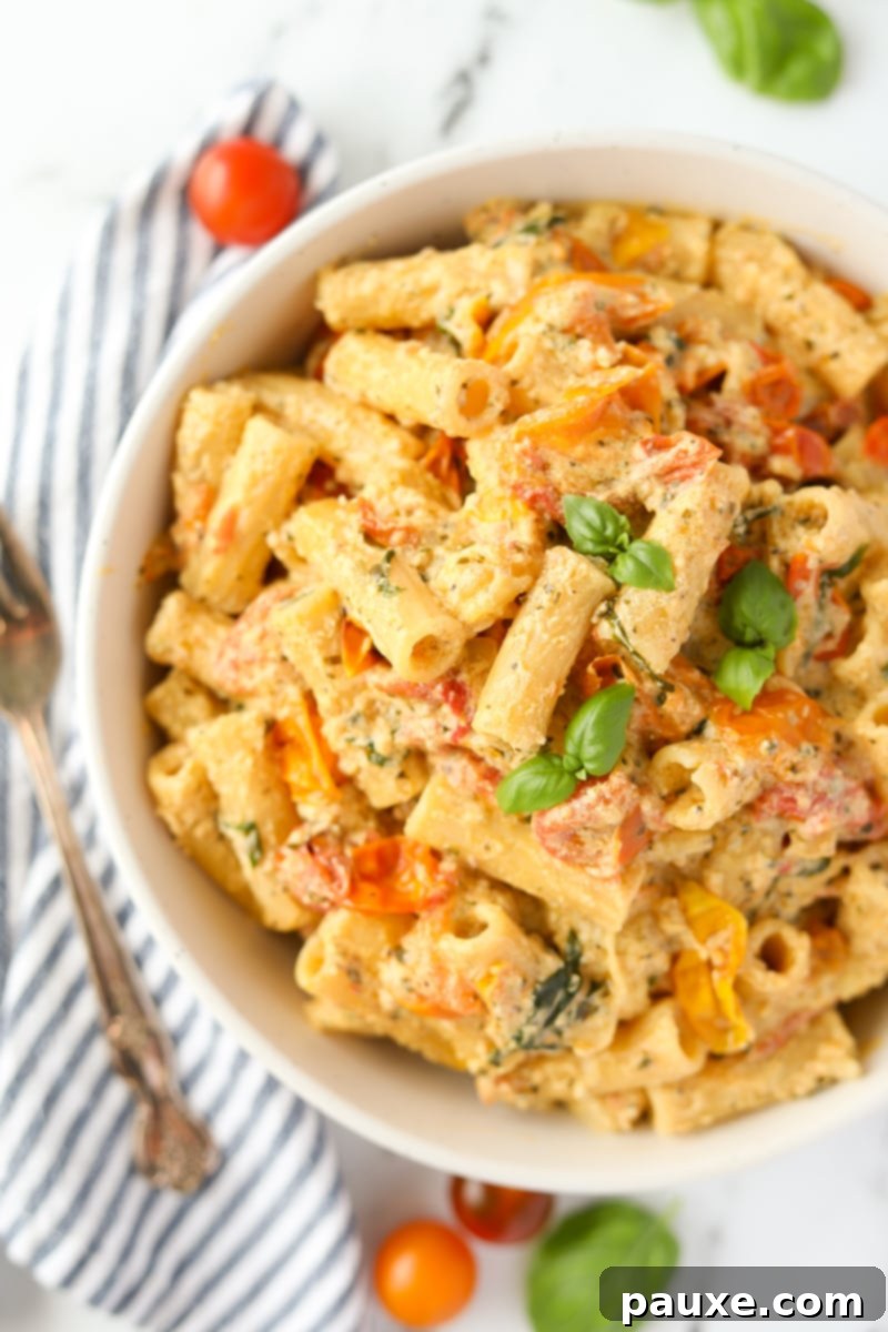 Creamy Boursin Pasta Bake 12 A bowl of freshly prepared Boursin pasta, garnished with vibrant green basil, showcasing its inviting texture.