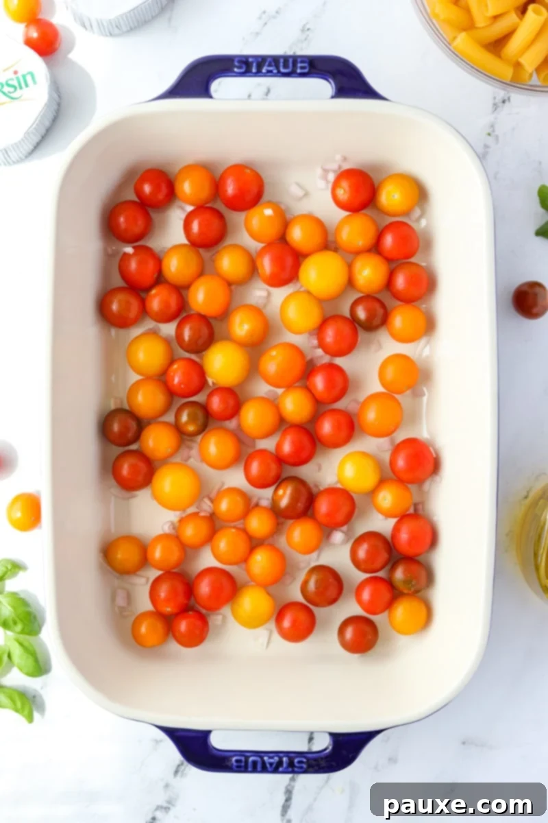 Creamy Boursin Pasta Bake 4 A baking dish filled with vibrant cherry tomatoes, ready for the oven.