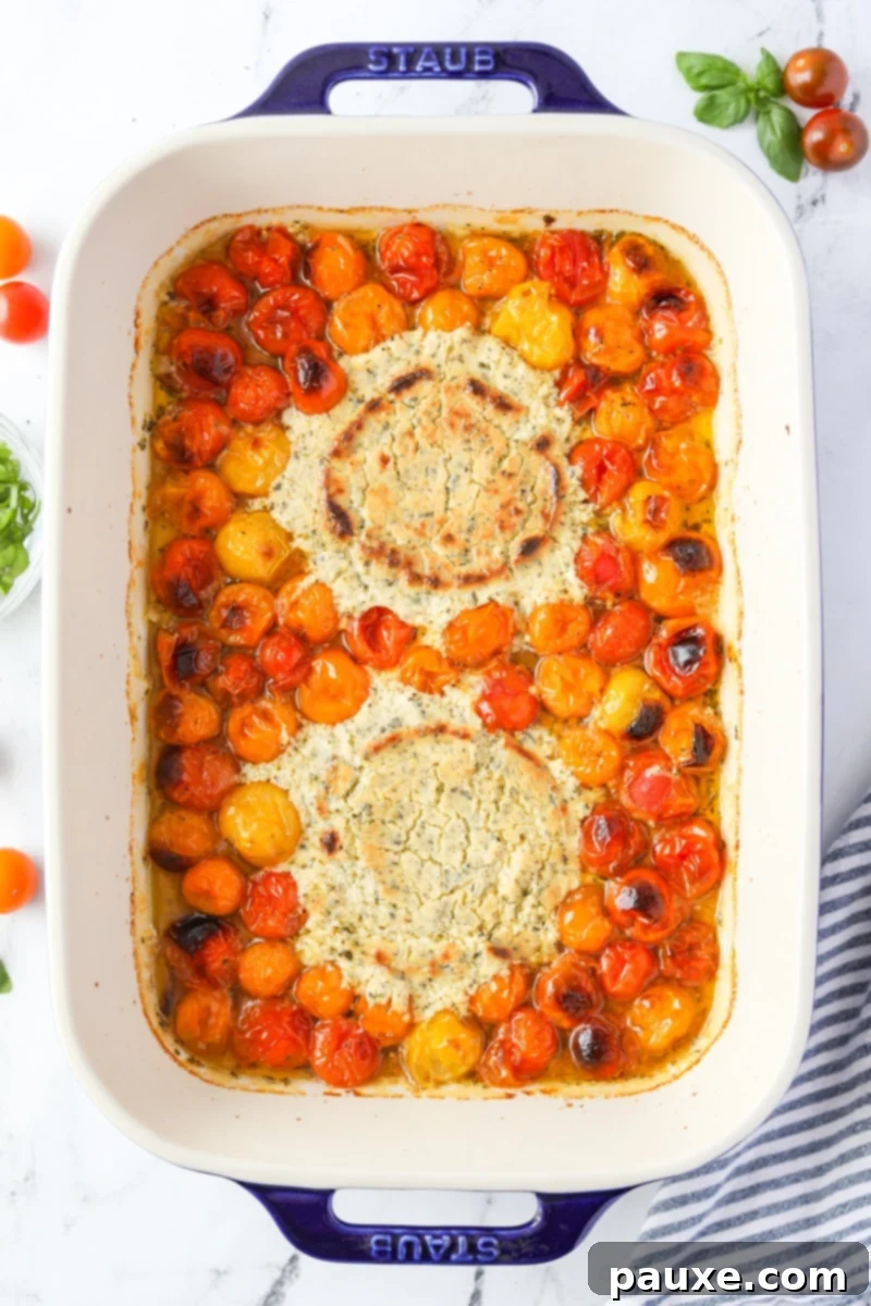 Creamy Boursin Pasta Bake 7 A baking dish with roasted cherry tomatoes, now blistered, and melted, bubbly Boursin cheese after baking.