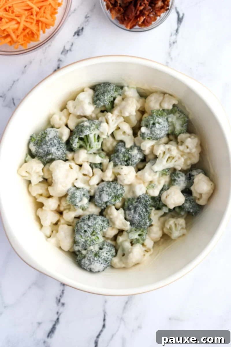 Creamy Amish Broccoli Salad 6 A close-up shot of broccoli and cauliflower florets in a large bowl, glistening with a generous coating of creamy, sweet dressing after being gently folded.