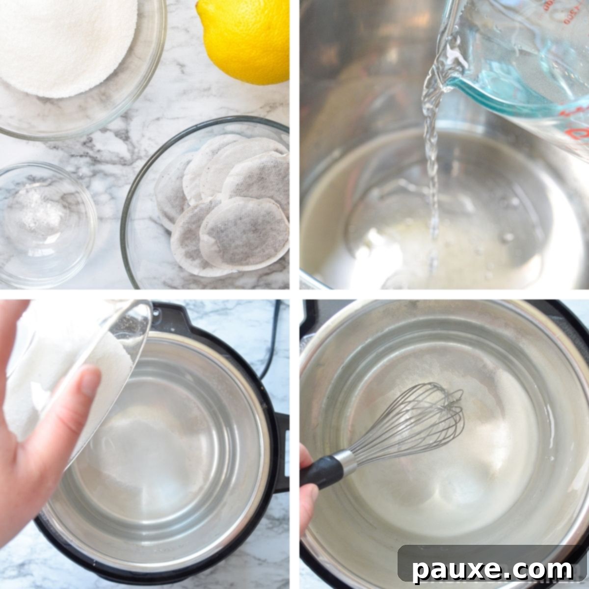 Crystal Clear Instant Pot Iced Tea 5 Visual steps for making Instant Pot Iced Tea, showing ingredients and the pot.