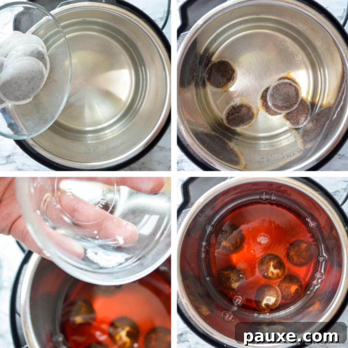 Crystal Clear Instant Pot Iced Tea 6 Adding sugar to hot water in the Instant Pot for iced tea.