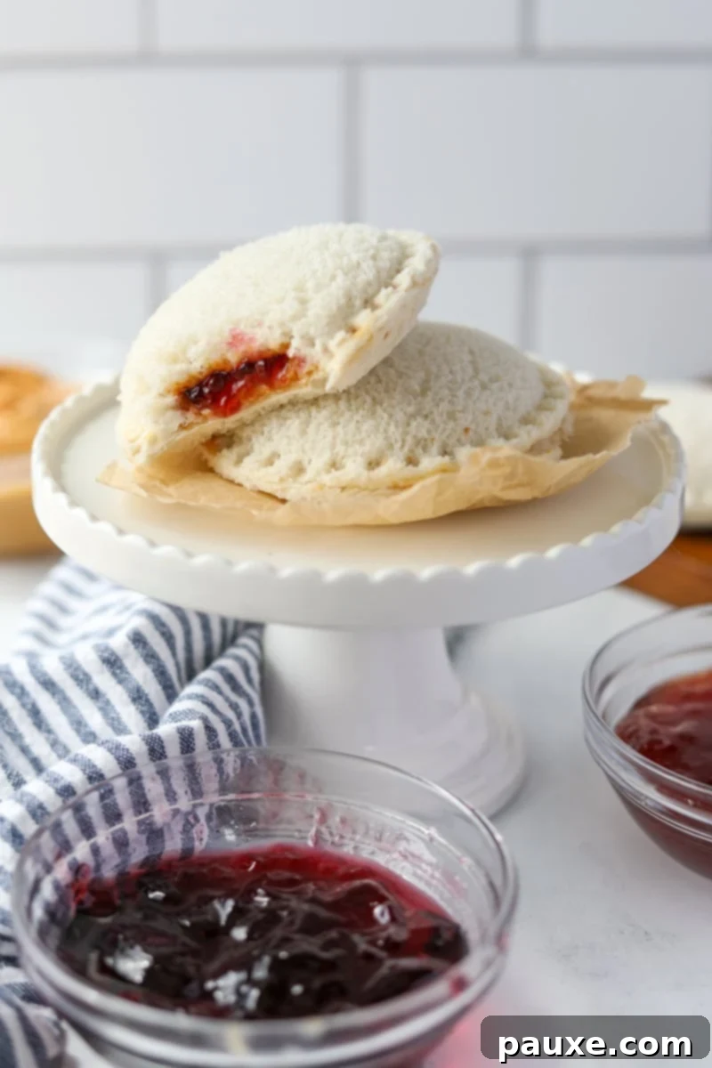 DIY Crustless Sandwich Pockets 11 Two perfectly sealed, round homemade peanut butter and jelly sandwiches presented on a small cake stand, ready to be enjoyed.