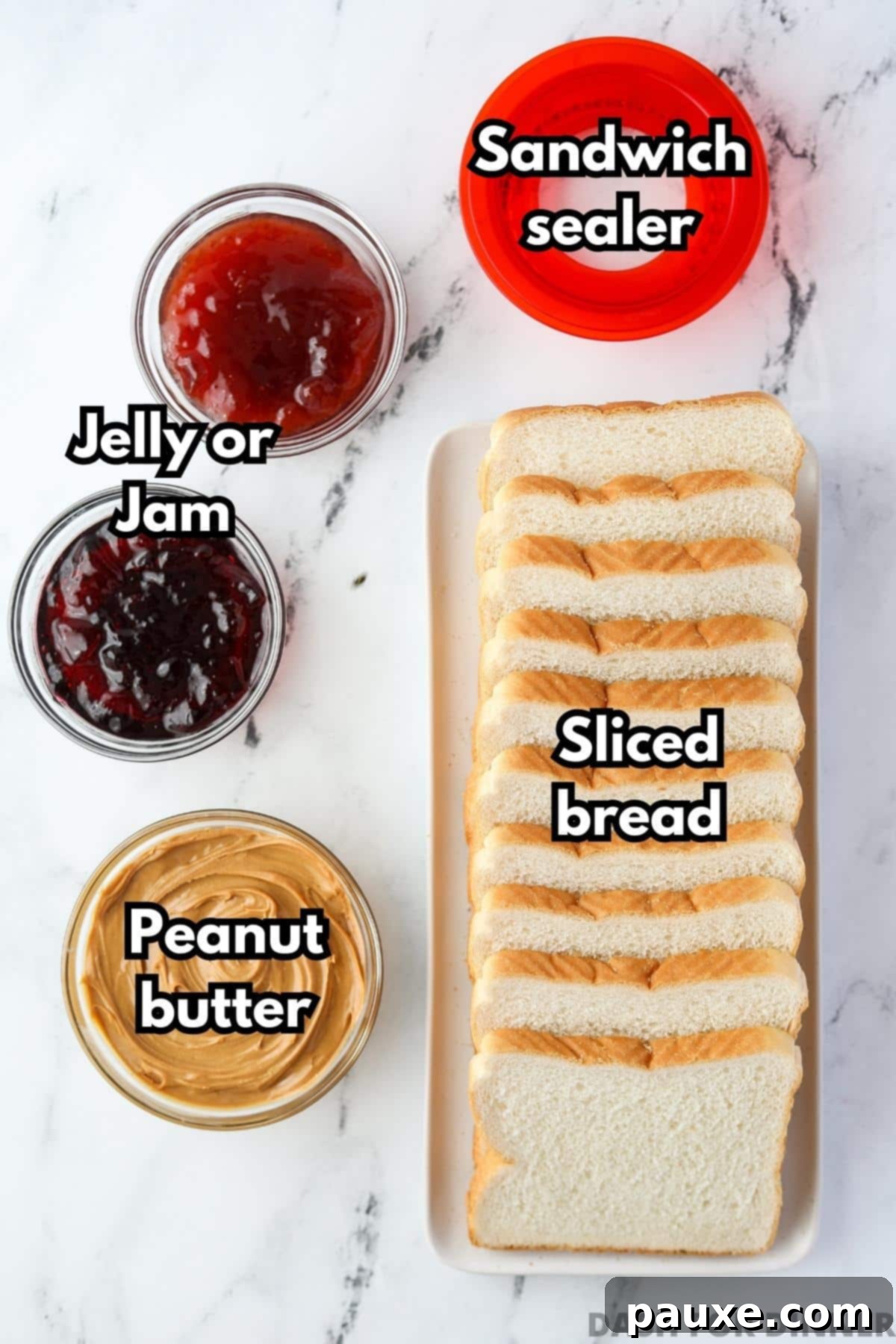 DIY Crustless Sandwich Pockets 3 A loaf of fresh sandwich bread, alongside small bowls of creamy peanut butter, vibrant strawberry jam, and classic grape jelly, ready for making homemade uncrustables.
