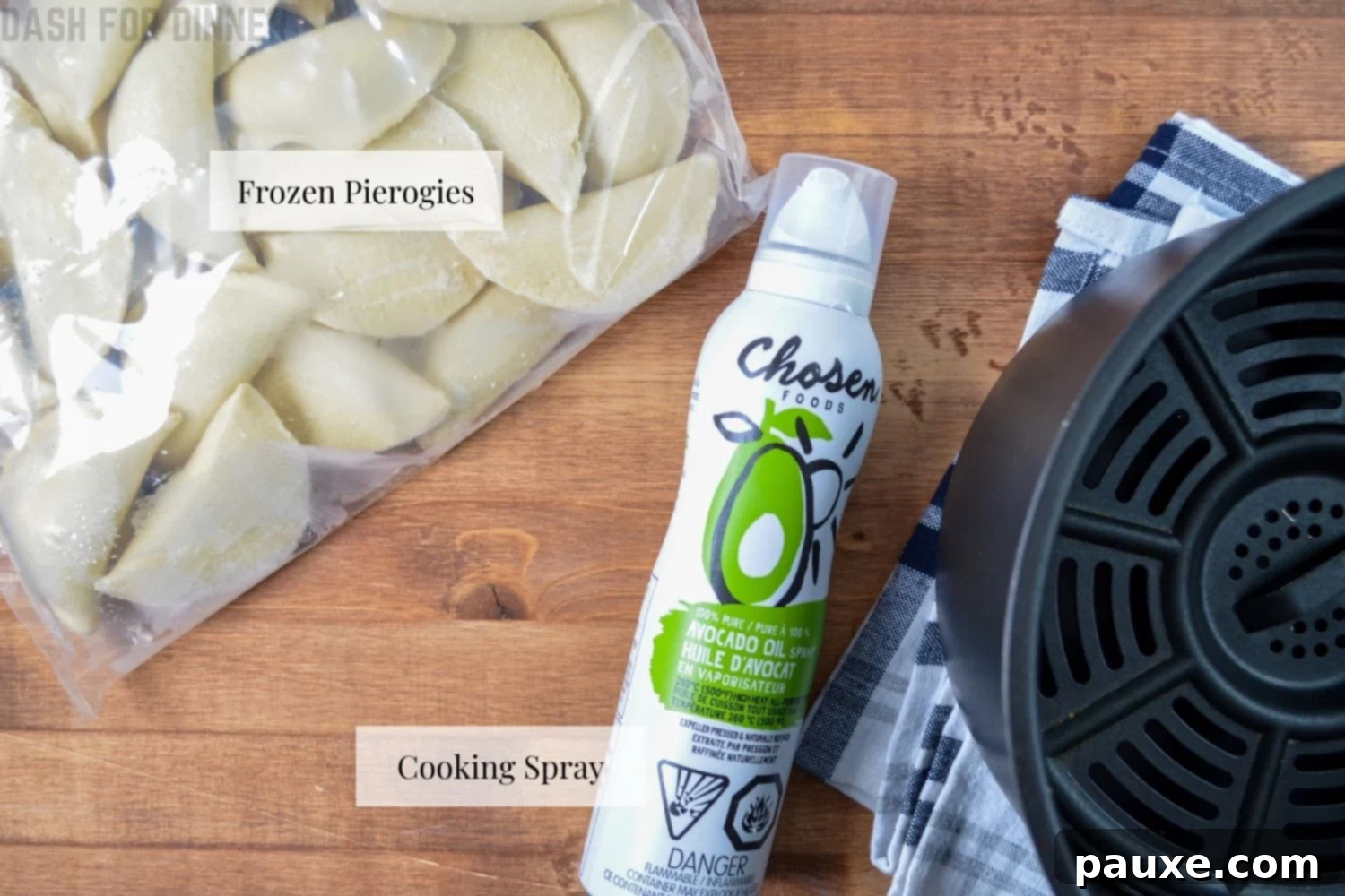 Quick and Crispy Air Fryer Frozen Pierogies 4 The ingredients needed to make air fryer frozen pierogies: a bag of frozen pierogies and cooking spray.