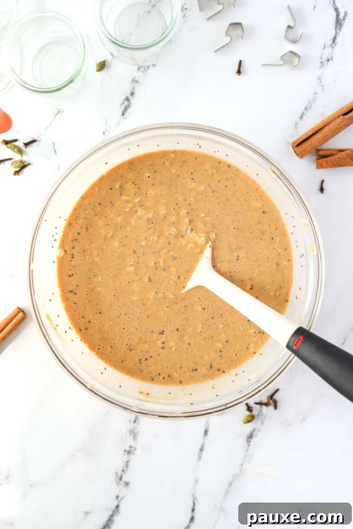 Pumpkin Spice Overnight Oats 8 A bowl of overnight oats mixed together and ready to be transferred into jars.