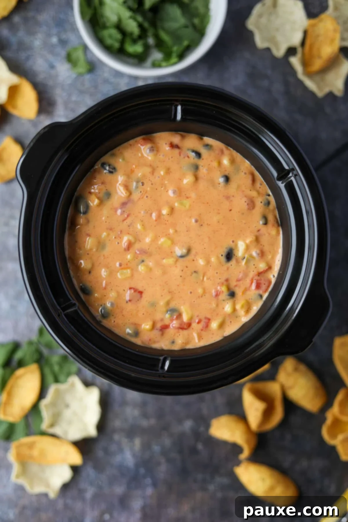Zesty Fiesta Dip 12 A slow cooker filled with creamy Southwestern Velveeta dip, garnished with fresh cilantro, ready for a party.