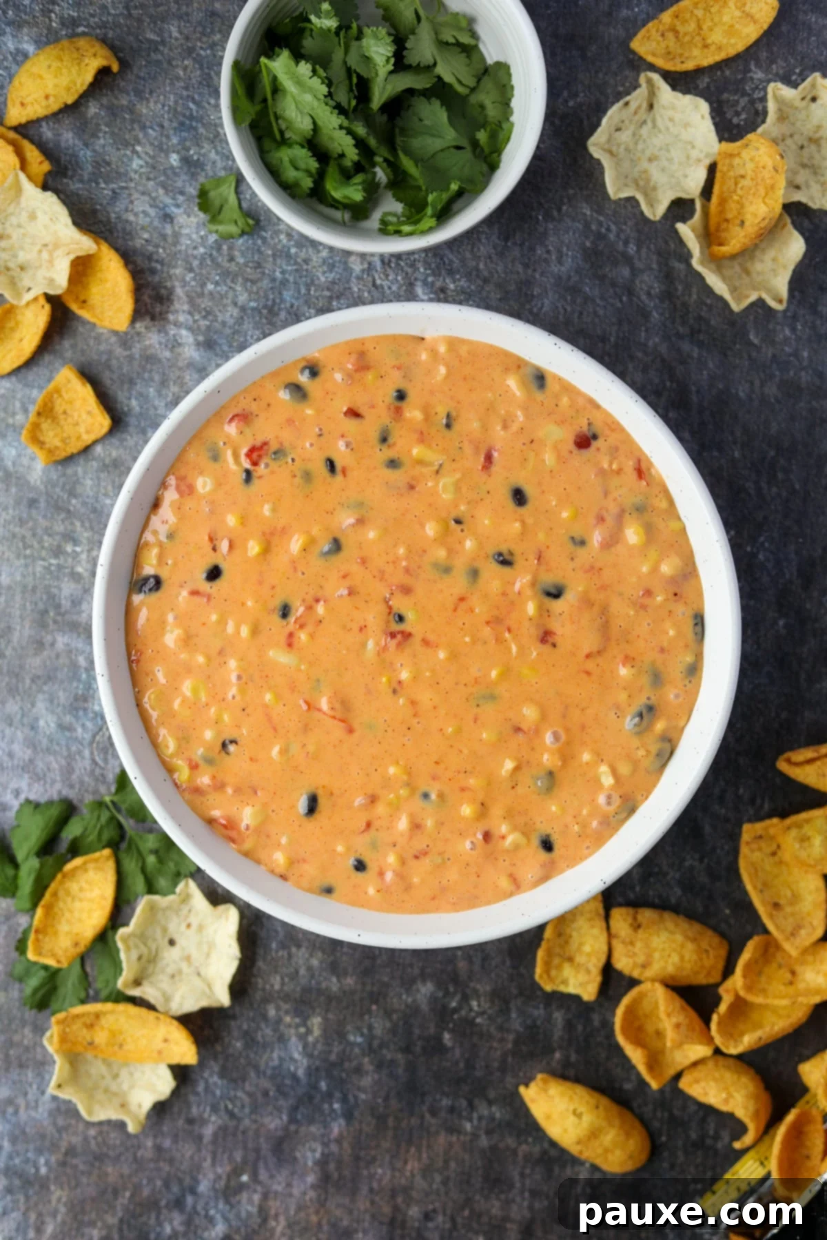 Zesty Fiesta Dip 10 A bowl of creamy Southwest-inspired Rotel dip, surrounded by a variety of tortilla scoops and corn chips, ready for serving.