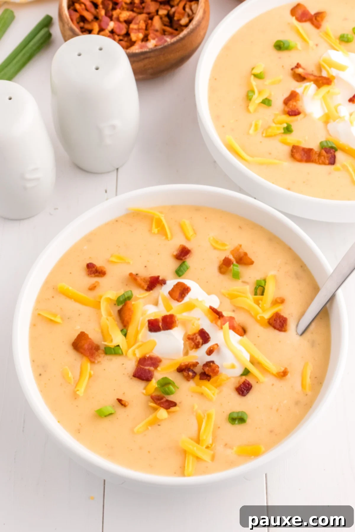 A beautifully presented bowl of creamy Loaded Baked Potato Soup with generous toppings of crispy bacon, sour cream, shredded cheese, and chopped green onions.