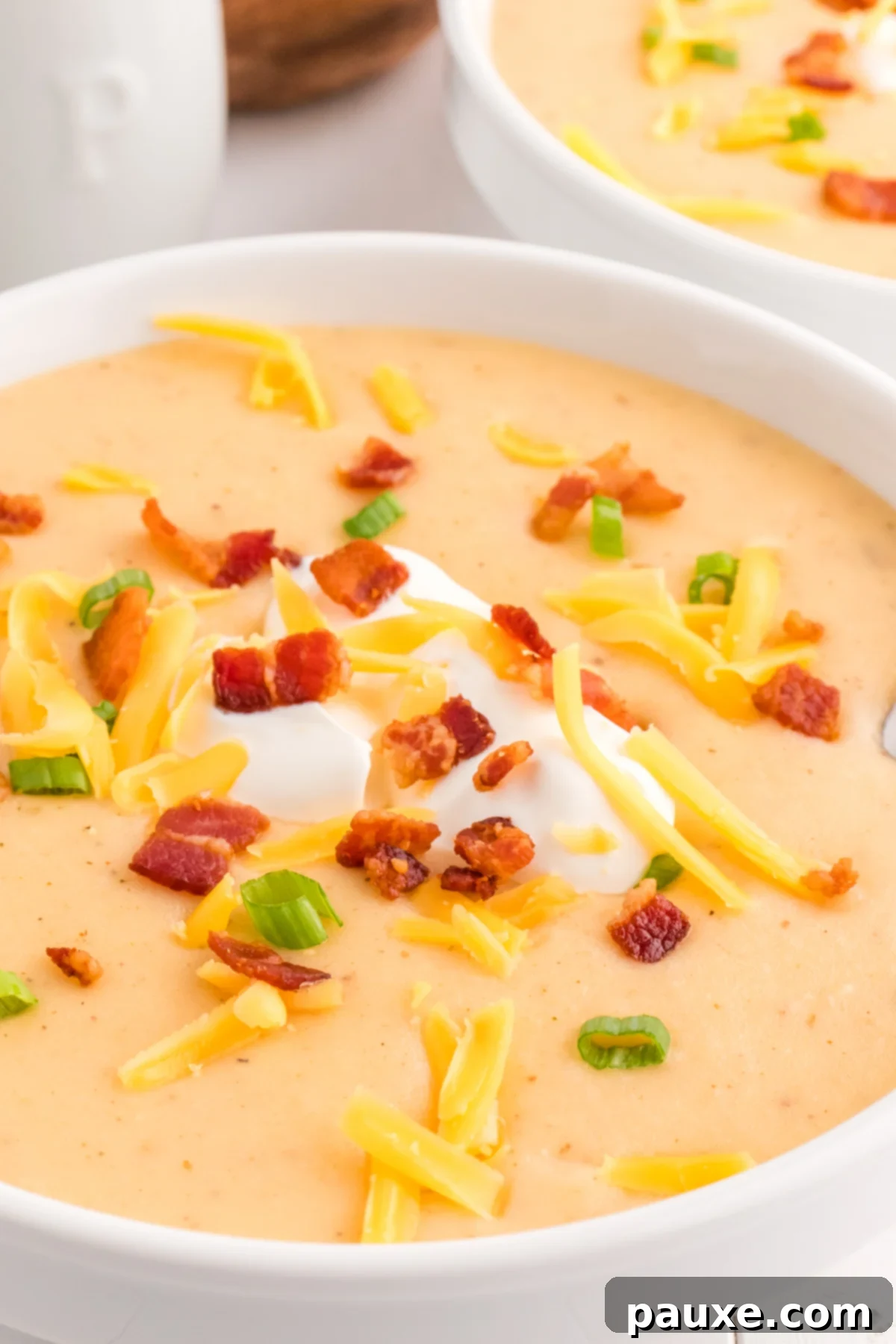 A beautifully garnished bowl of Loaded Potato Soup with bacon, cheese, and a dollop of sour cream, ready to eat.