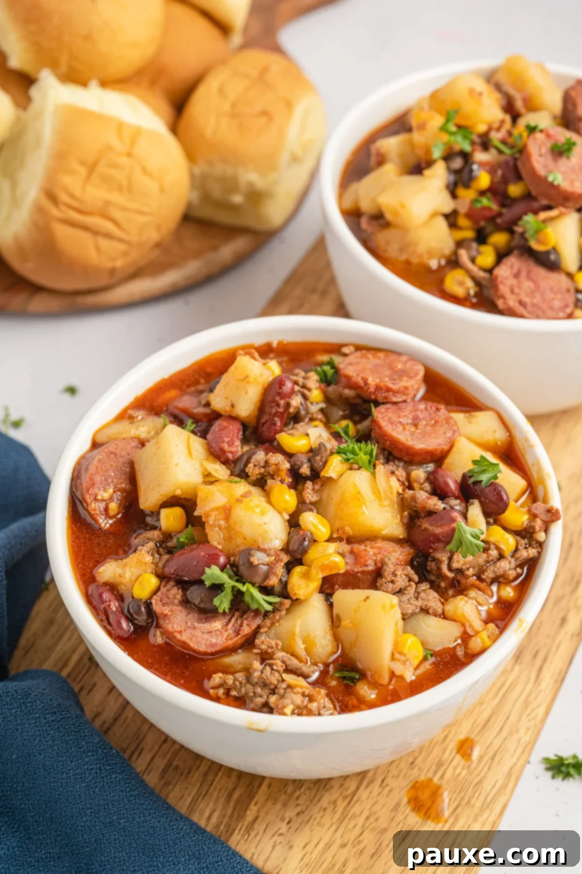 Rancher's Hearty Stew 11 A close-up of a bowl filled with vibrant Texas Cowboy Stew, showcasing the rich ground beef, tender potatoes, colorful corn, and sliced sausage rounds.