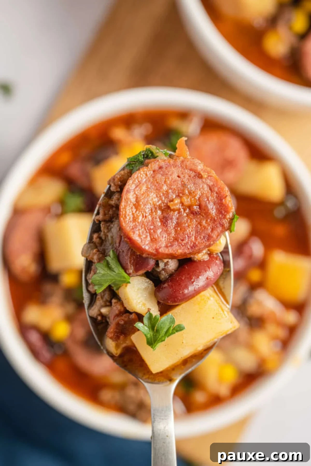 Rancher's Hearty Stew 12 A spoonful of Texas Cowboy Stew, highlighting a slice of smoked sausage, red kidney beans, and ground beef, ready to be enjoyed.