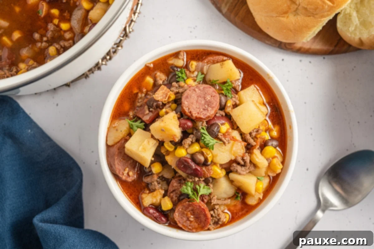 Rancher's Hearty Stew 13 An overhead shot of a single bowl of rich cowboy stew, garnished with a sprig of fresh parsley, invitingly presented.