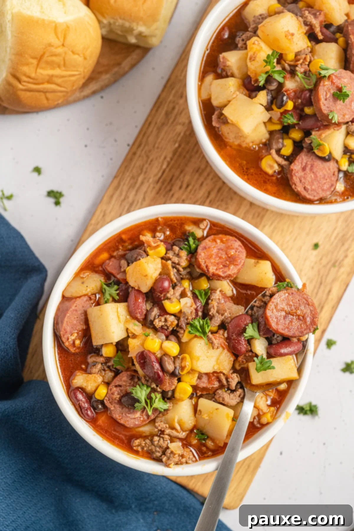 Rancher's Hearty Stew 9 An inviting overhead view of two bowls of hearty cowboy stew, generously filled with ground beef, tender potatoes, sweet corn, and rich broth.