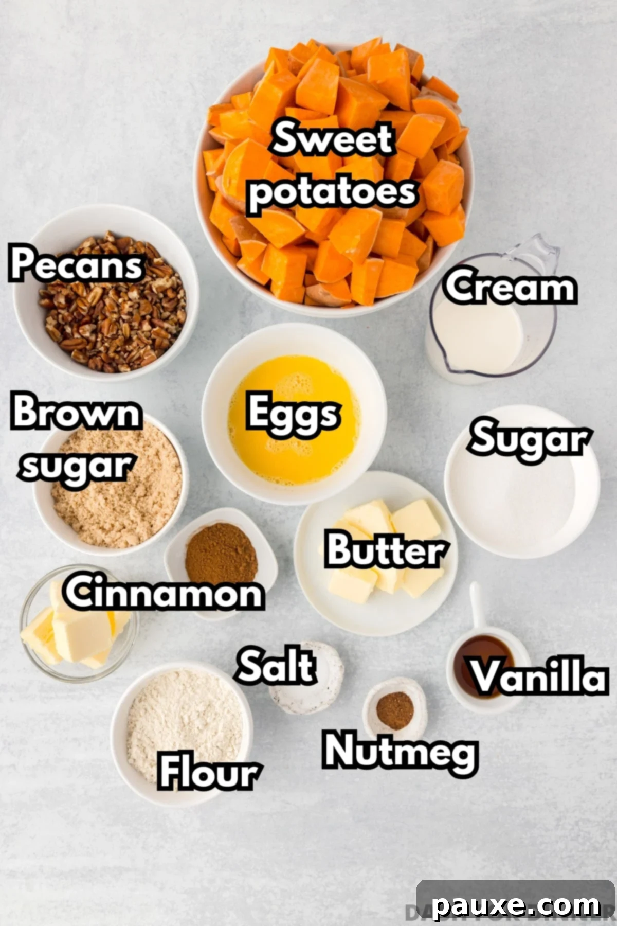 Pecan Streusel Sweet Potato Bake 3 The ingredients needed to make sweet potato casserole, including butter, eggs, brown sugar, pecans, and cream.