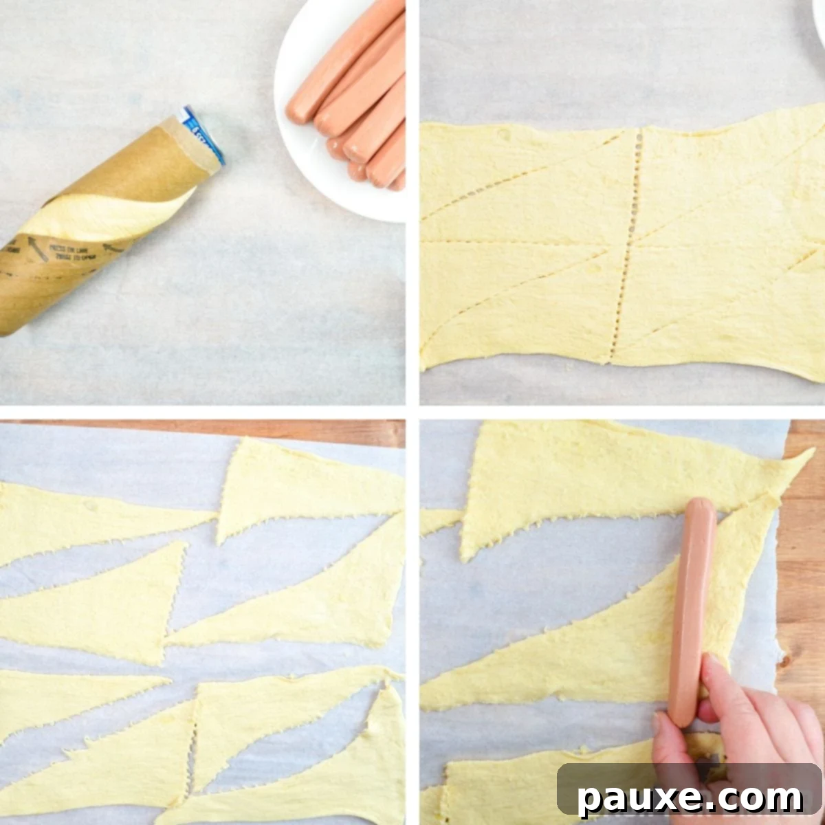 Air Fryer Pigs in a Crispy Blanket 5 A hand demonstrating how to wrap a hot dog in crescent dough to make pigs in a blanket.