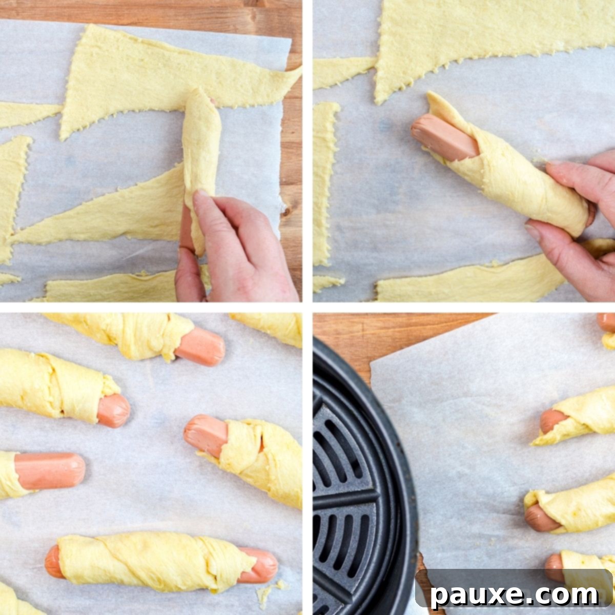 Air Fryer Pigs in a Crispy Blanket 6 A hot dog fully wrapped in crescent dough, ready for the air fryer.