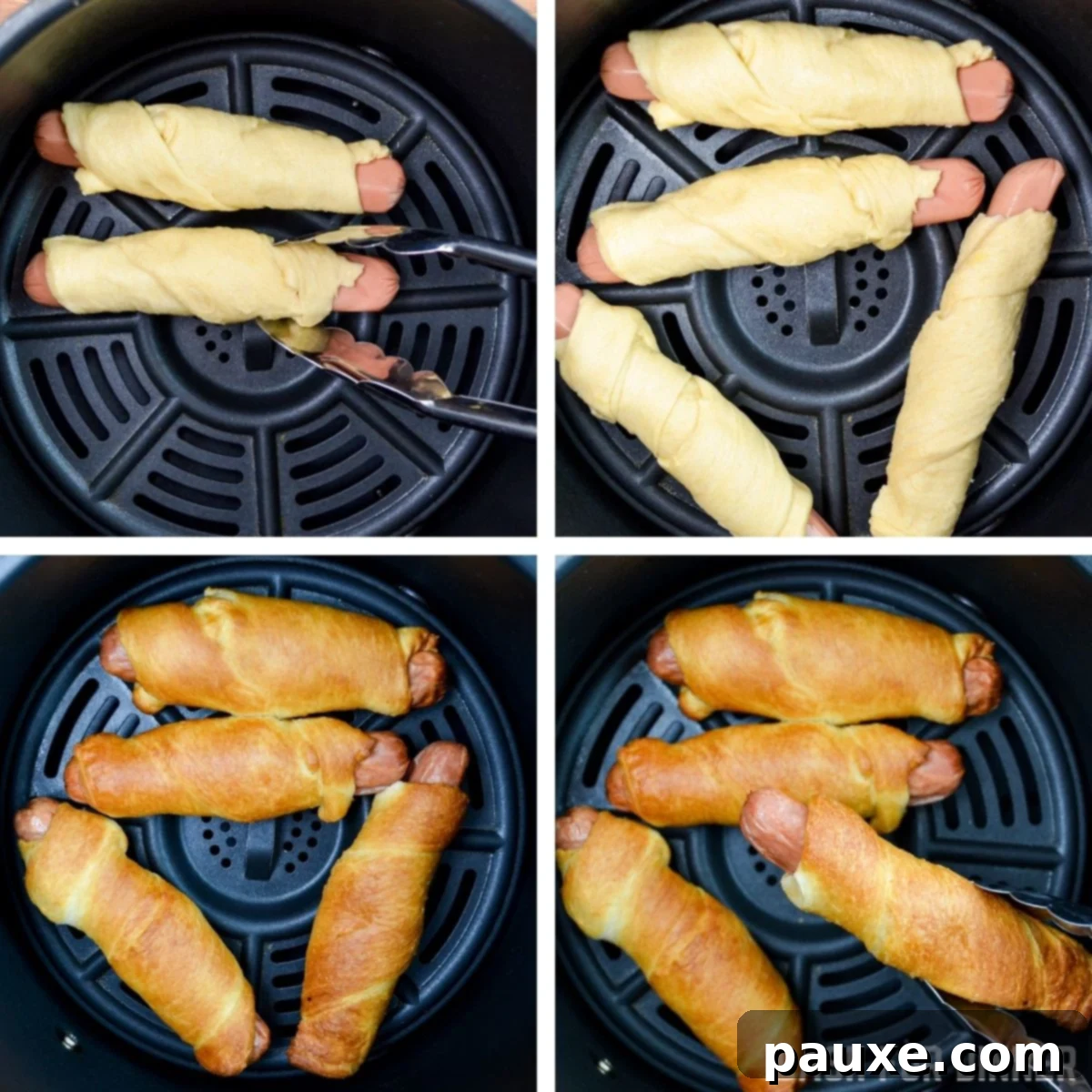 Air Fryer Pigs in a Crispy Blanket 7 Four pigs in a blanket arranged neatly in an air fryer basket, ready for cooking.