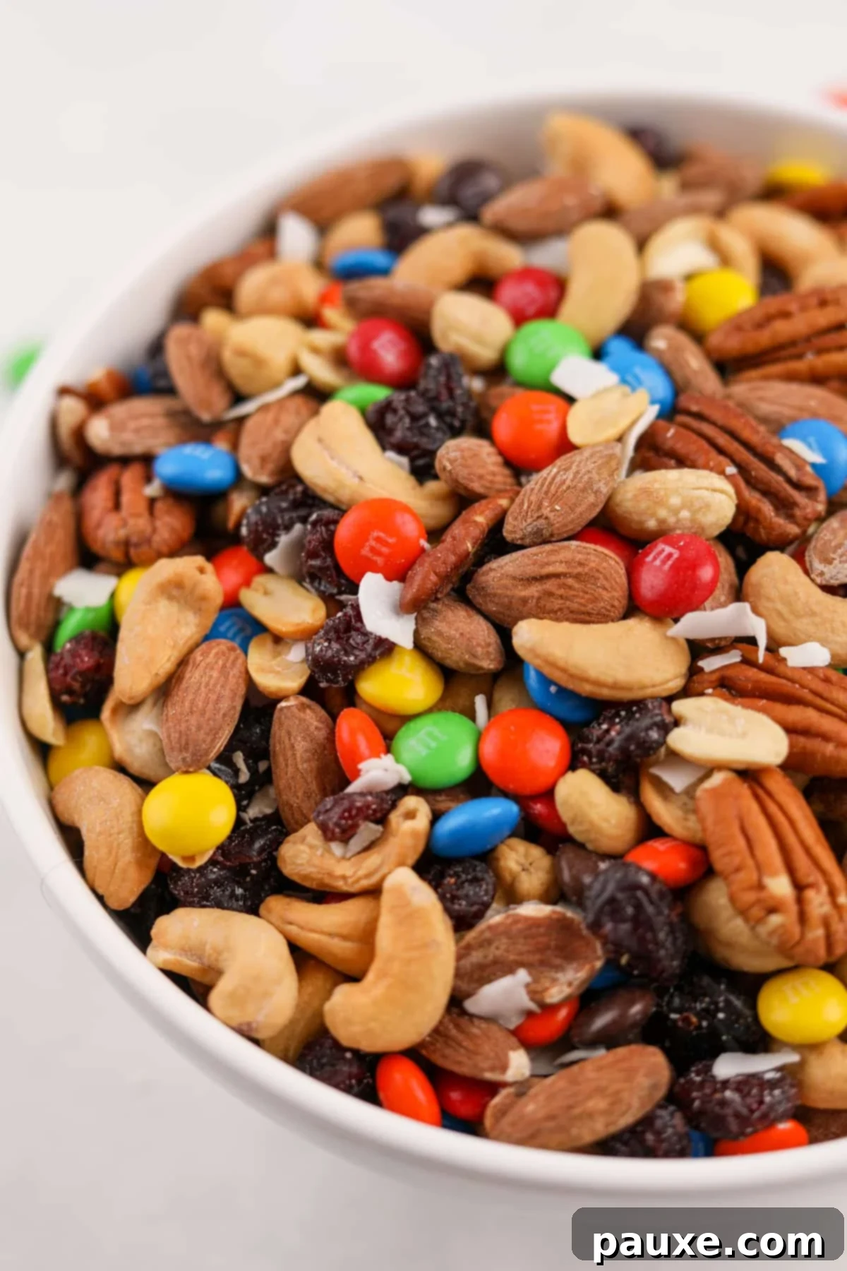 Trailblazer's Blend 11 A bowl of trail mix dotted with colorful M&M's candies, showcasing the finished product.