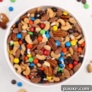 Trailblazer's Blend 12 A white bowl filled with homemade trail mix, featuring nuts, raisins, and M&M's.