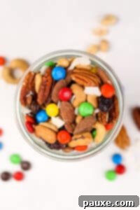Trailblazer's Blend 16 An overhead view of a mason jar filled with trail mix.